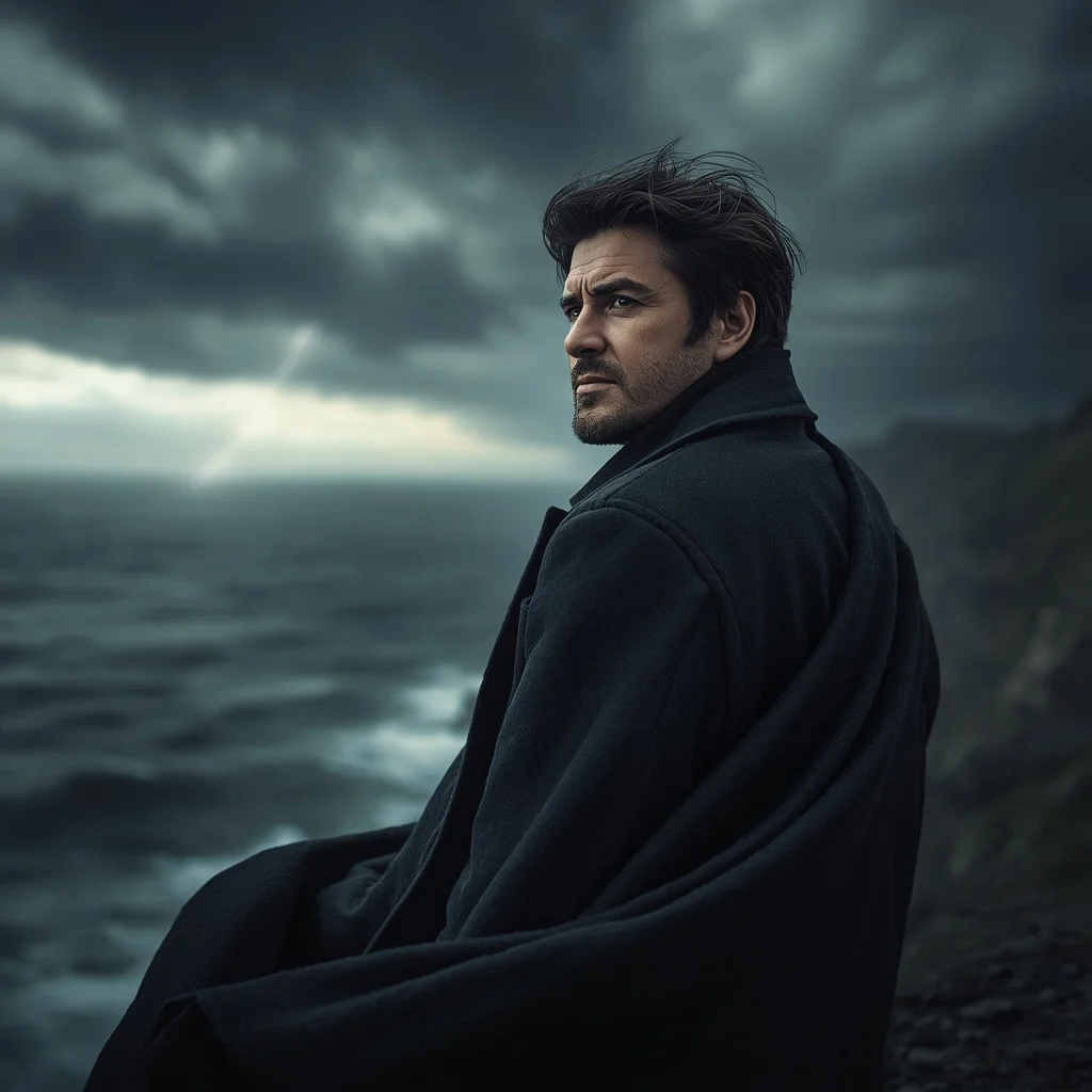 Stoic Male Portrait with Dramatic Stormy Sky Background — AI image prompt
