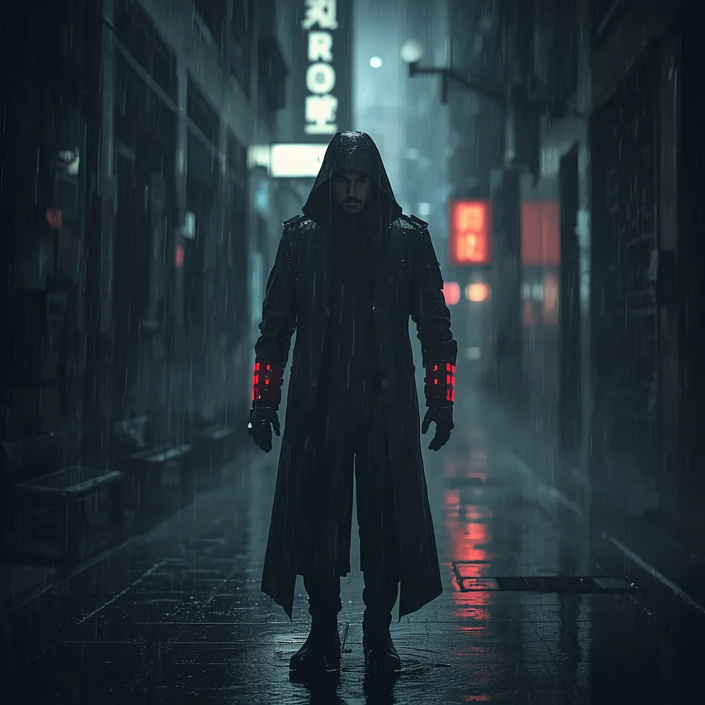 Tech Noir Solitude: A Man in a Rainy Alleyway — AI image prompt
