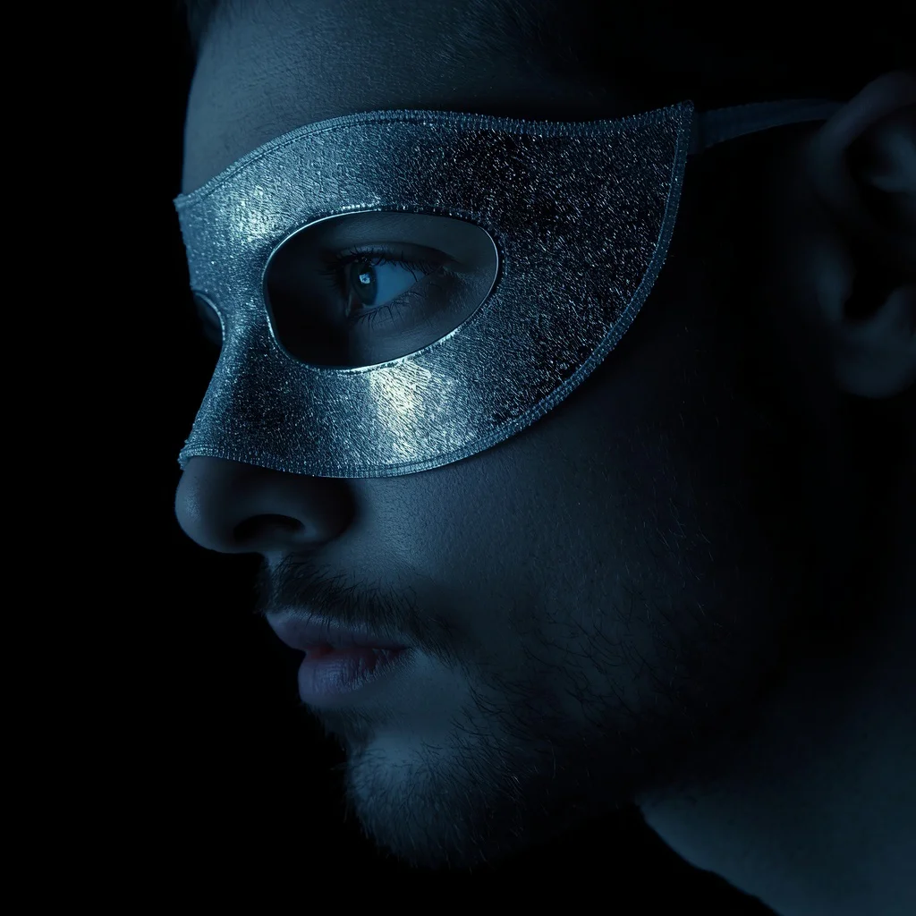 The Glimmering Mask: A Man's Enigmatic Studio Portrait — AI image prompt