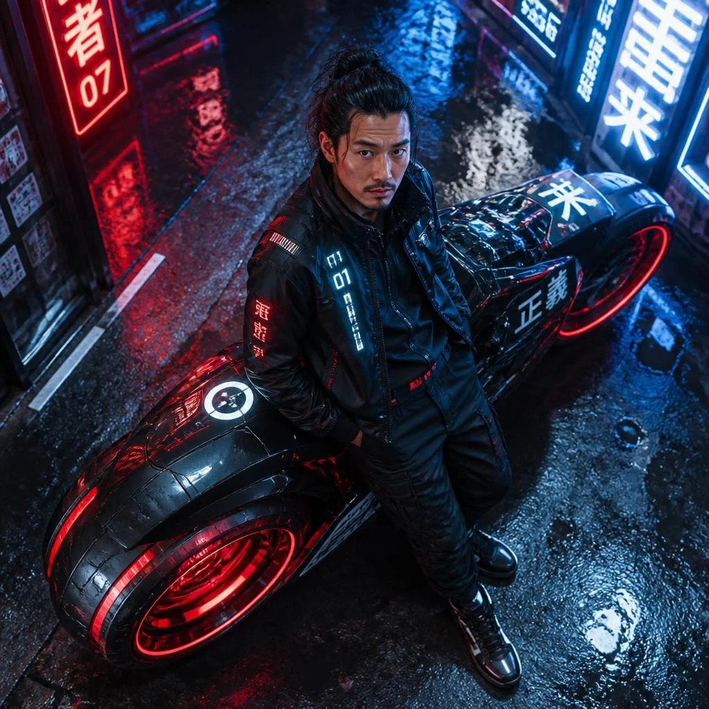 Urban Samurai: A Man's Cinematic Stance in Neo-Tokyo — AI image prompt